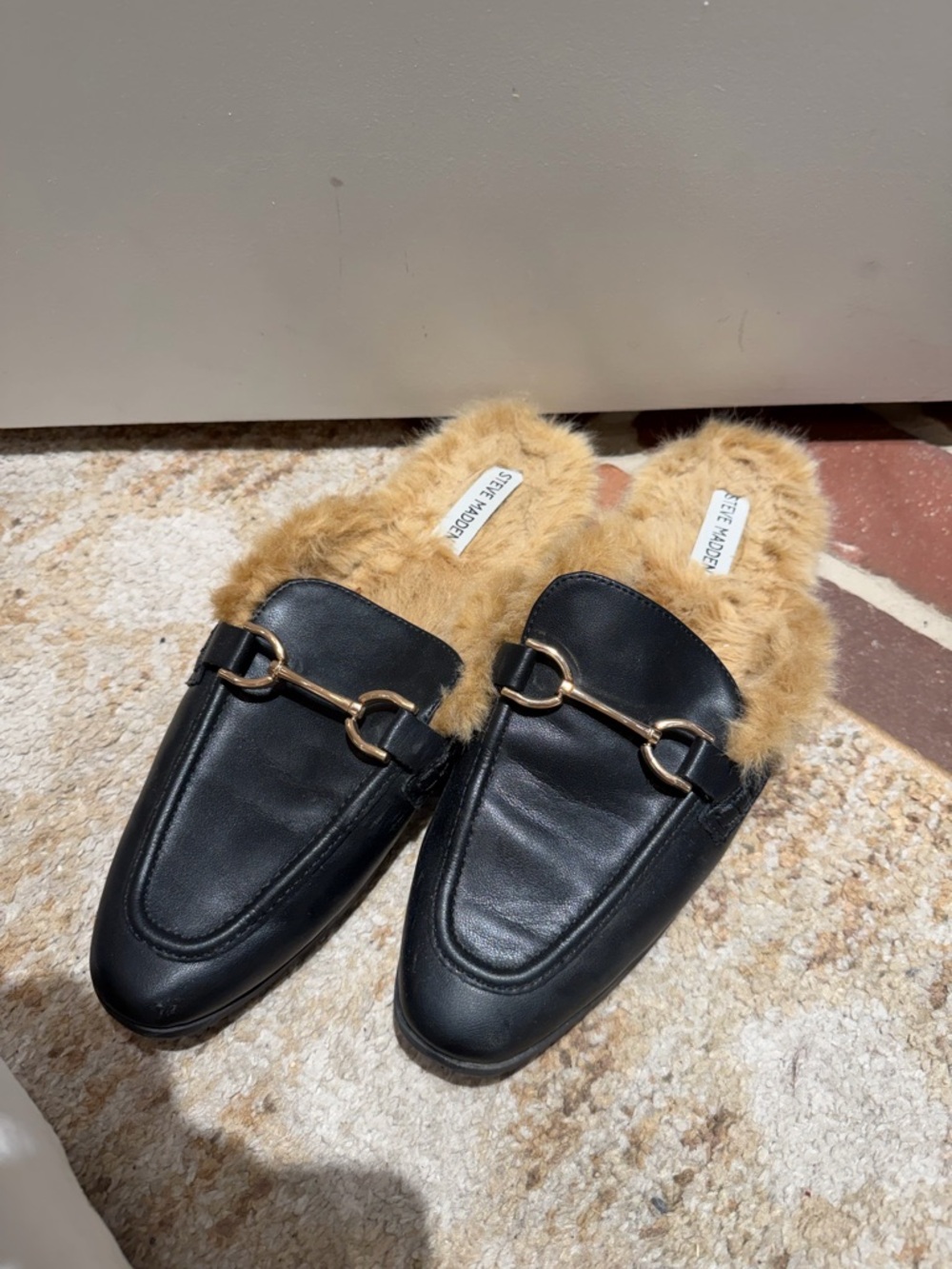 Steve Madden Black Faux Leather Fur-Trim Loafers with Gold Bit